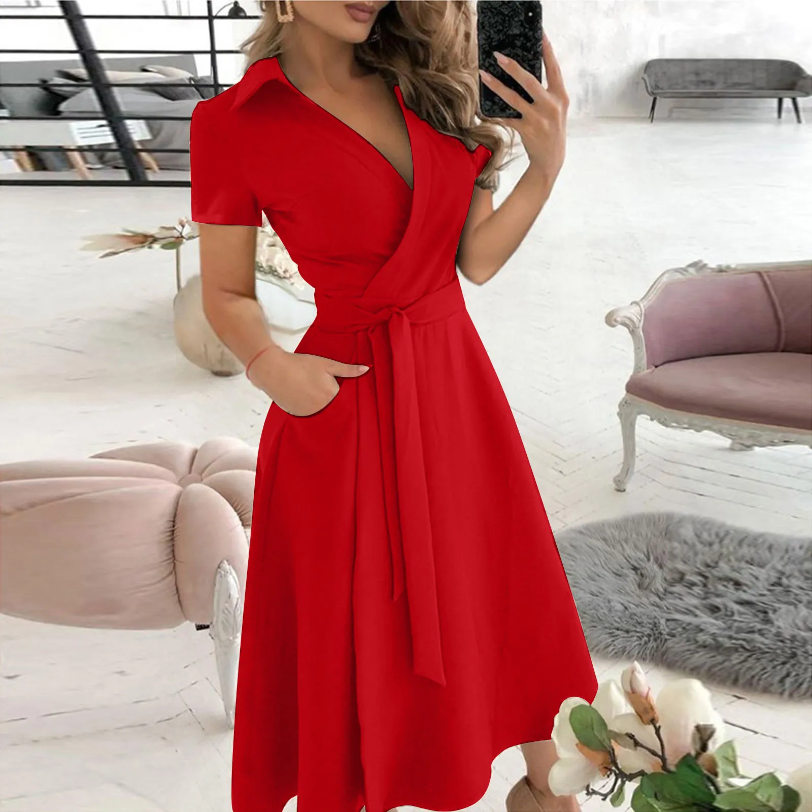 Women'S Red Formal Wear - Wiosna Lato Moda Biuro Marszczona Sukienka