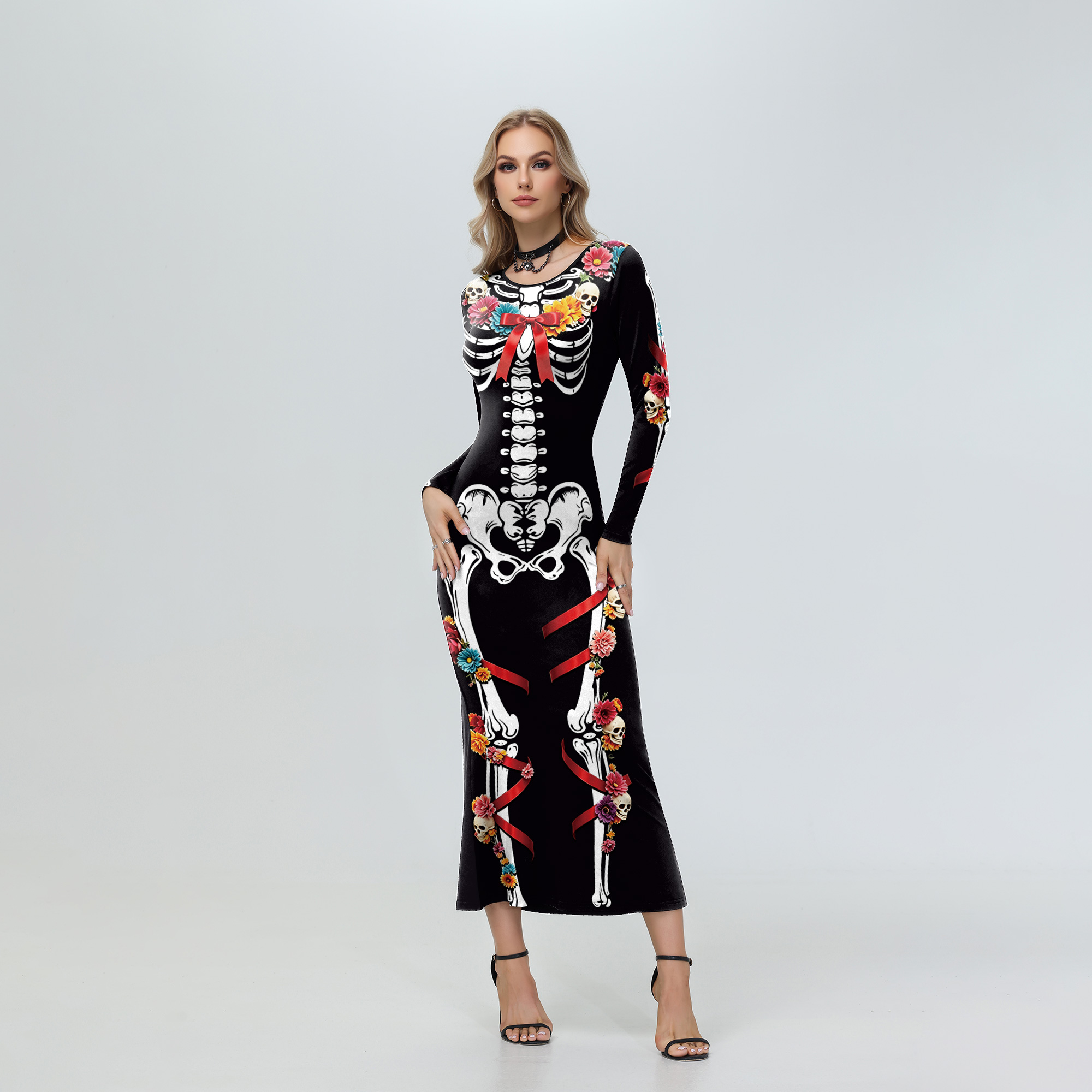 Women'S Red Formal Wear - Halloweenowa sukienka midi z kwiatowym wzorem