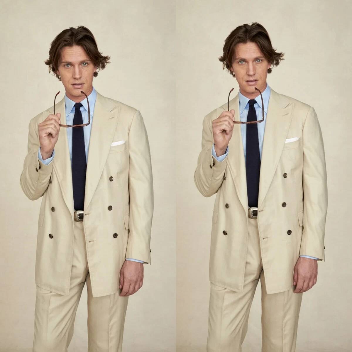 Tailored Trouser Wide - Beżowy dwurzędowy garnitur męski z szerokimi