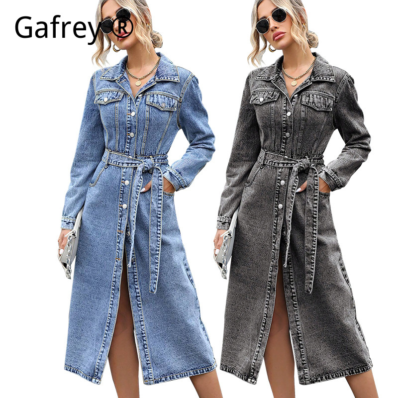 Midi Dress - Damska sukienka dżinsowa z długim rękawem,