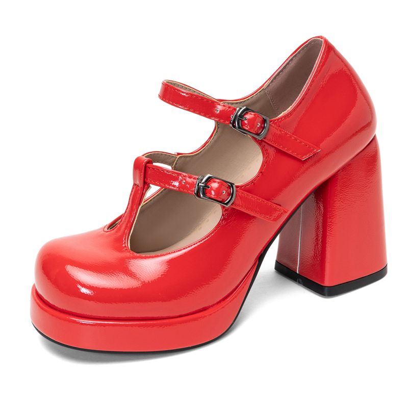 Pump Heel Block - Retro Błyszczące Damskie Czółenka z Okrągłym